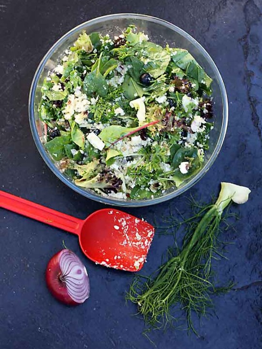 A glass bowl of quinoa salad with feta, fennel and blueberries on a black background from above and with a red plastic spoon and veggie scraps