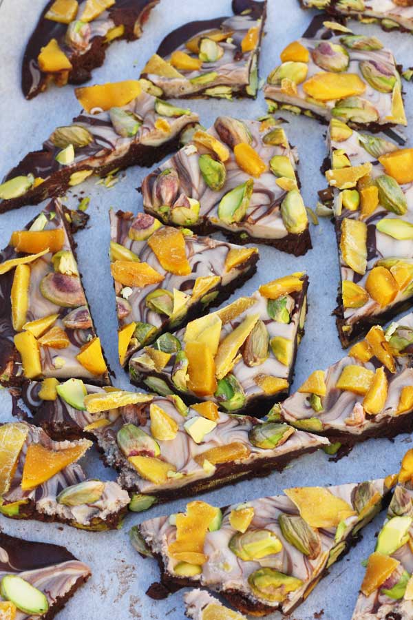 Mango and pistachio chocolate bark