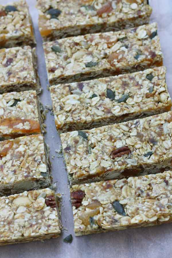 No bake granola bars sliced on baking paper