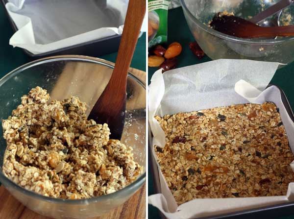 Collage of 2 images showing the mixture for no bake granola bars in a bowl and then pressed into a pan.