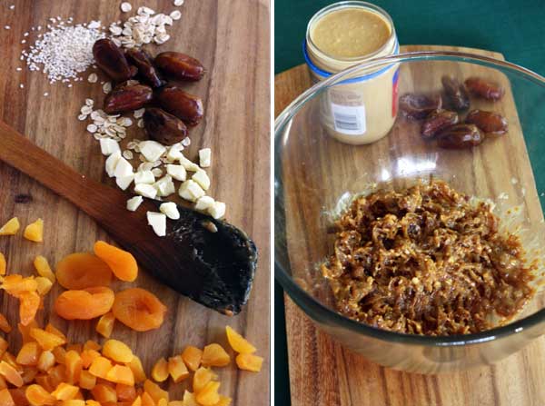 Collage of 2 images showing ingredients for no bake granola bars