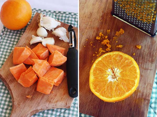 collage showing ingredients on a wooden board for Making sausage, sweet potato and orange tray-bake.