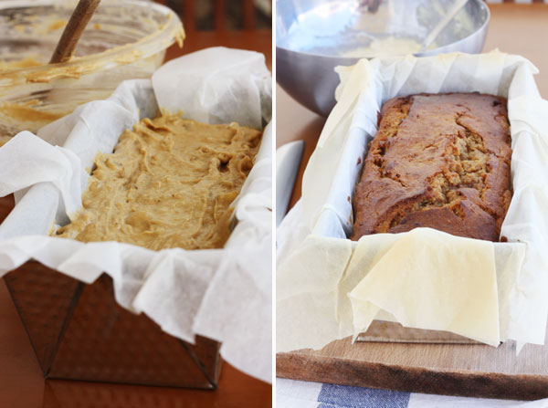 Collage of 2 images showing unbaked banana cake batter in a loaf pan next to the baked loaf in the same pan