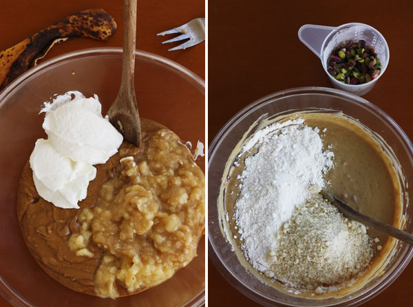Collage of 2 images showing how to mix the ingredients to make a banana pistachio cake
