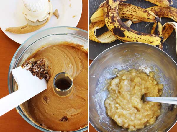 Collage of 2 images showing the stages of making banana pistachio cake