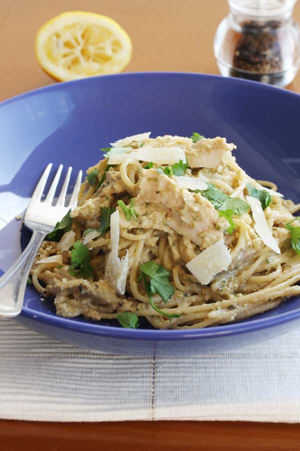 Aubergine, courgette & walnut pesto spaghetti from scrummylane.com