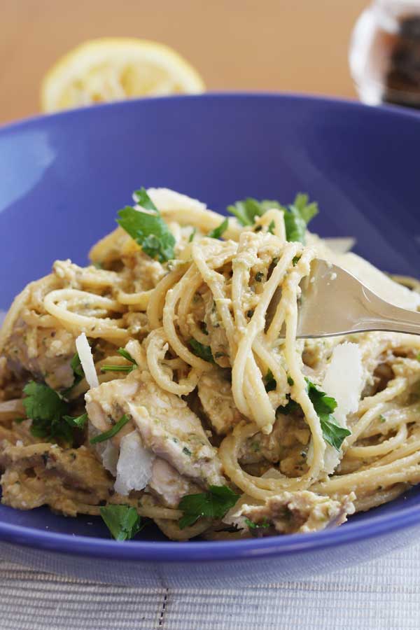 Aubergine, courgette & walnut pesto spaghetti from scrummylane.com