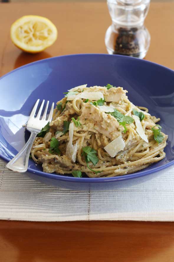 Aubergine, courgette, walnut & chicken pesto spaghetti