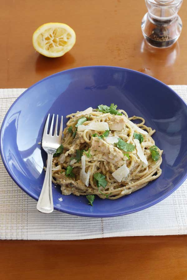 Aubergine, courgette & walnut pesto spaghetti from scrummylane.com