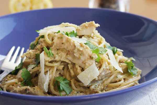 Aubergine, courgette & walnut pesto spaghetti from scrummylane