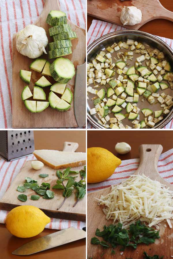 Making Aubergine, courgette & walnut pesto spaghetti