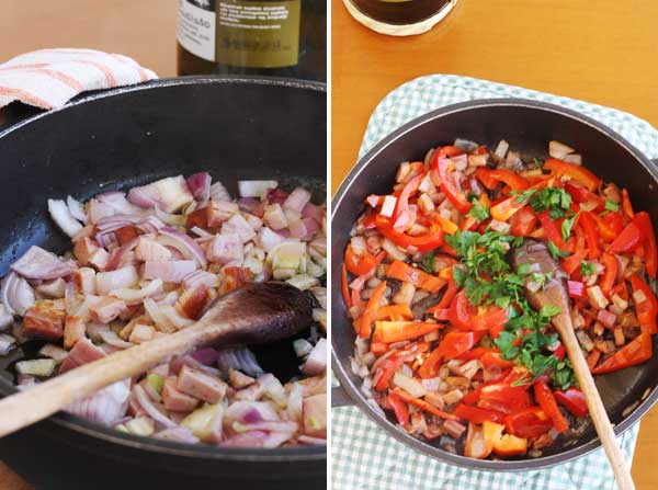 Making eggs with tomatoes, red peppers & bacon