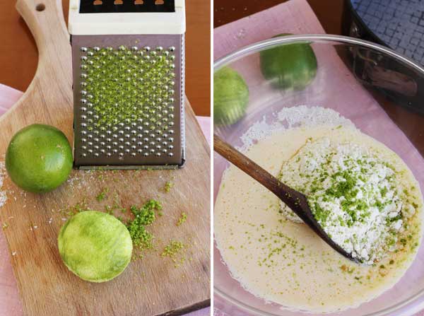 Making white chocolate, coconut & lime truffle cake