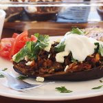 Greek stuffed 'little shoes'- aubergines stuffed with mince meat & topped with feta cheese - from Scrummy Lane
