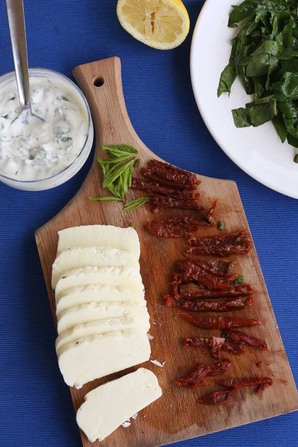 ingredients for making a halloumi salad from above 