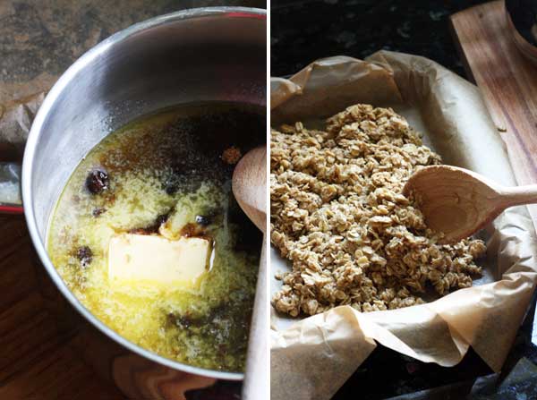 collage of 2 images showing melting butter and brown sugar and honey in a pan, then spreading oat mixture into a baking pan