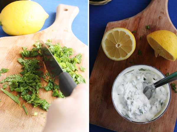 collage of 2 images showing chopping herbs and mixing them into tzatziki