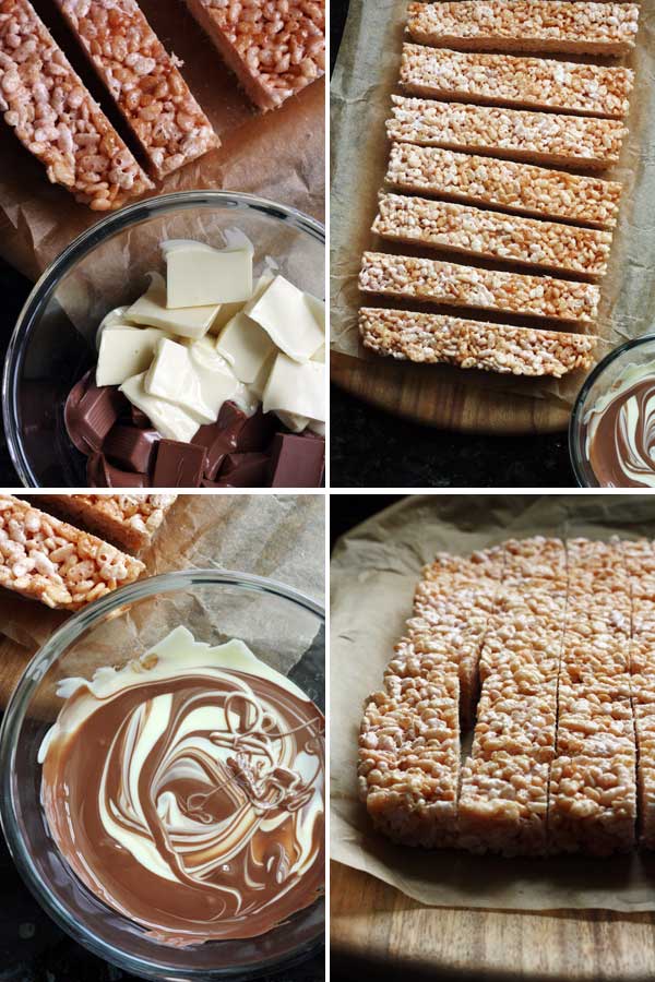 Making marshmallow & swirly chocolate crispy squares