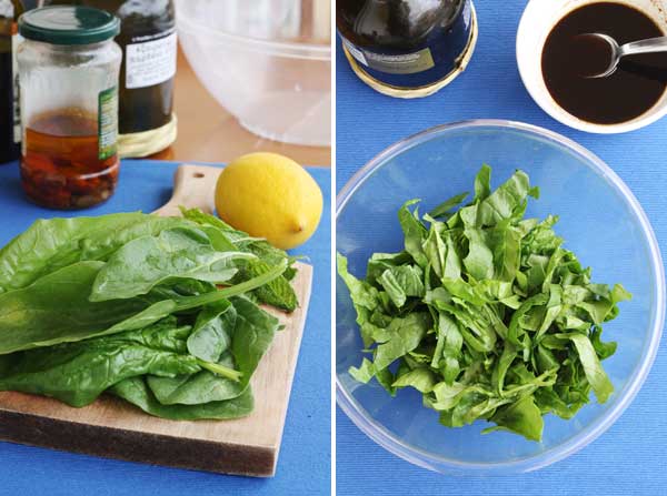 collage of 2 images showing chopped spinach on a chopping board and in a bowl