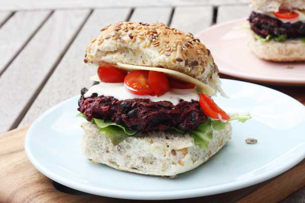 Spicy beetroot & black bean fritters two ways by Scrummy Lane