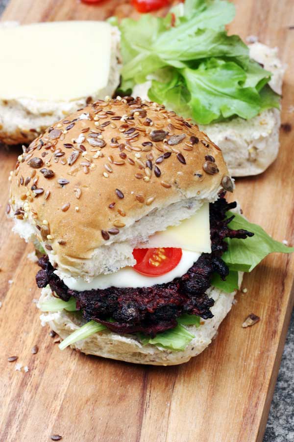 Spicy beetroot & black bean fritters two ways by Scrummy Lane