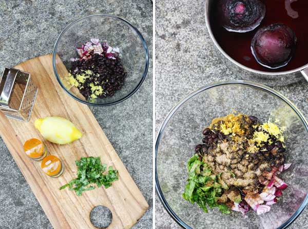 making spicy beetroot & black bean fritters two ways by Scrummy Lane