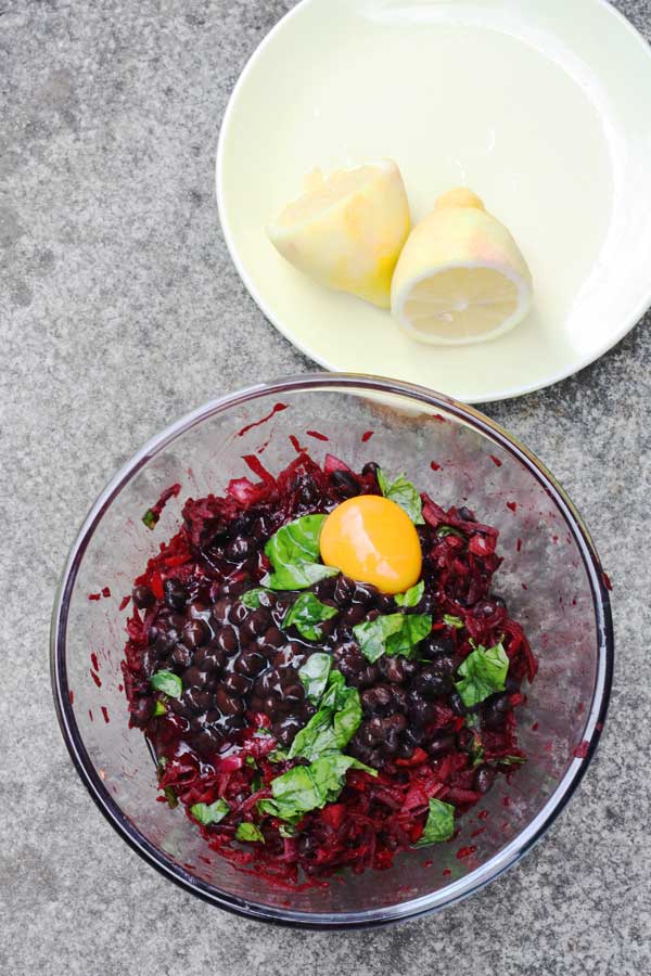 making spicy beetroot & black bean fritters two ways by Scrummy Lane