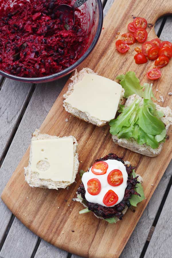 Spicy beetroot & black bean fritters two ways by Scrummy Lane