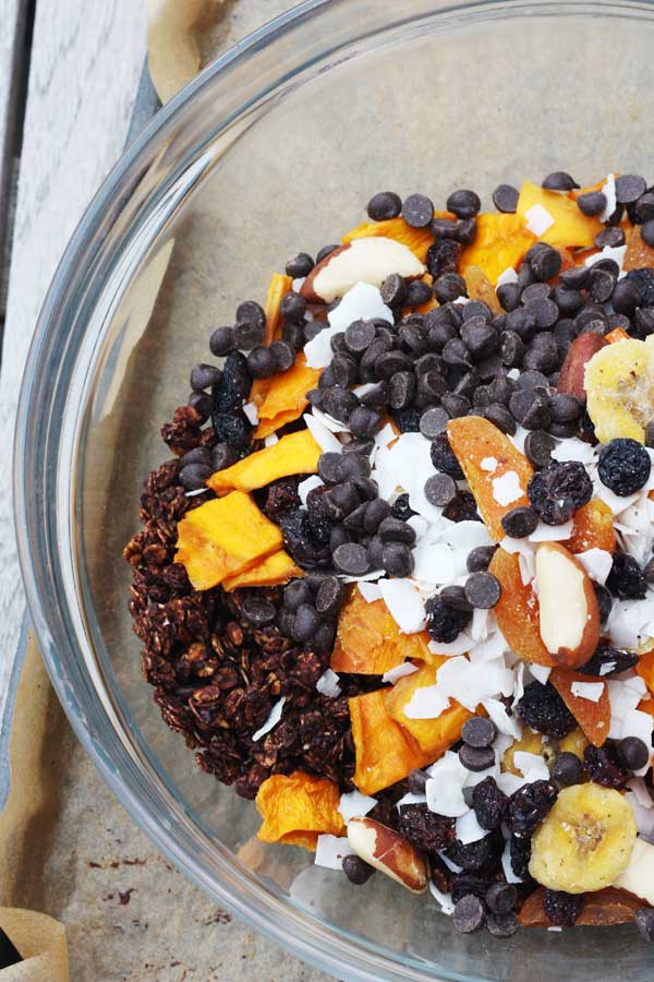  Part view of Tropical chocolate granola mixture in a bowl from above