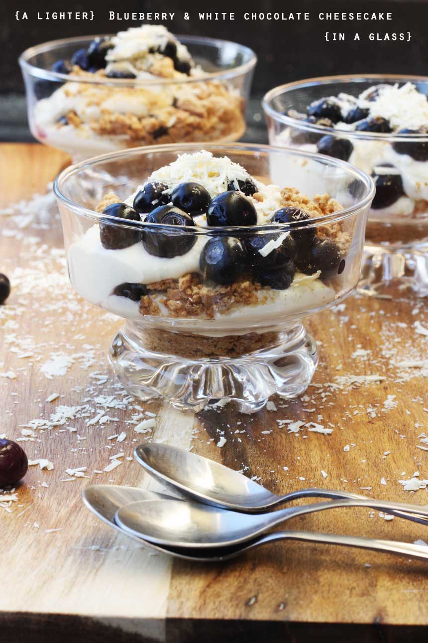 A lighter blueberry & white chocolate cheesecake in a glass by Scrummy Lane