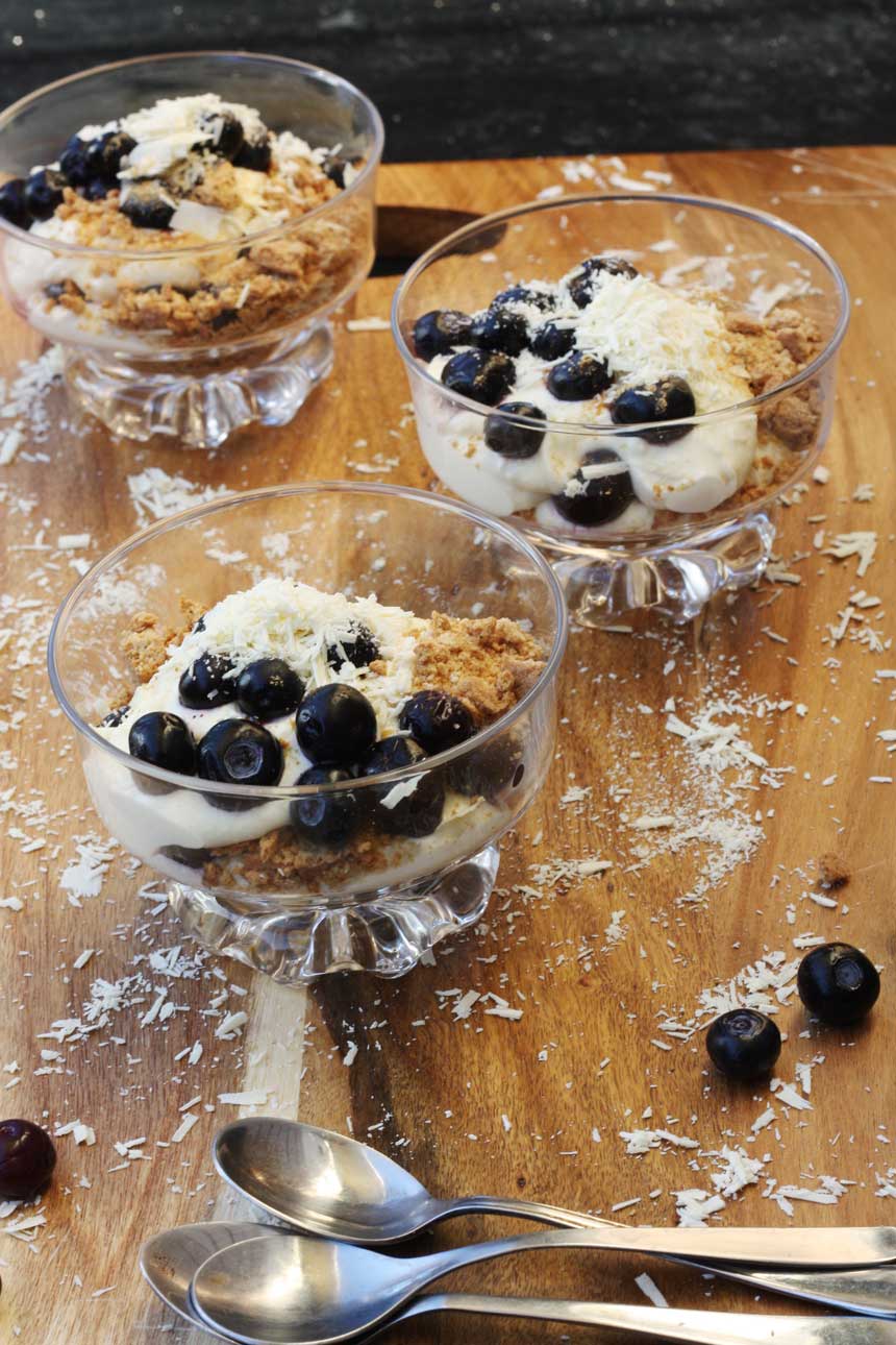 A lighter blueberry & white chocolate cheesecake in a glass by Scrummy Lane