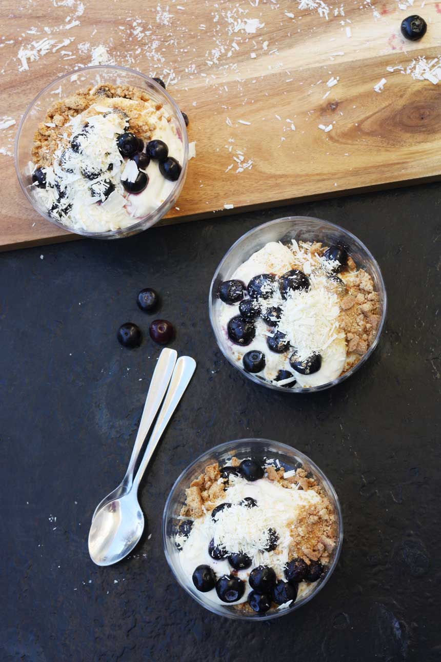 A lighter blueberry & white chocolate cheesecake in a glass by Scrummy Lane