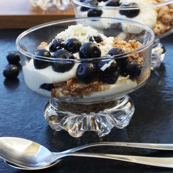 A lighter blueberry & white chocolate cheesecake in a glass by Scrummy Lane