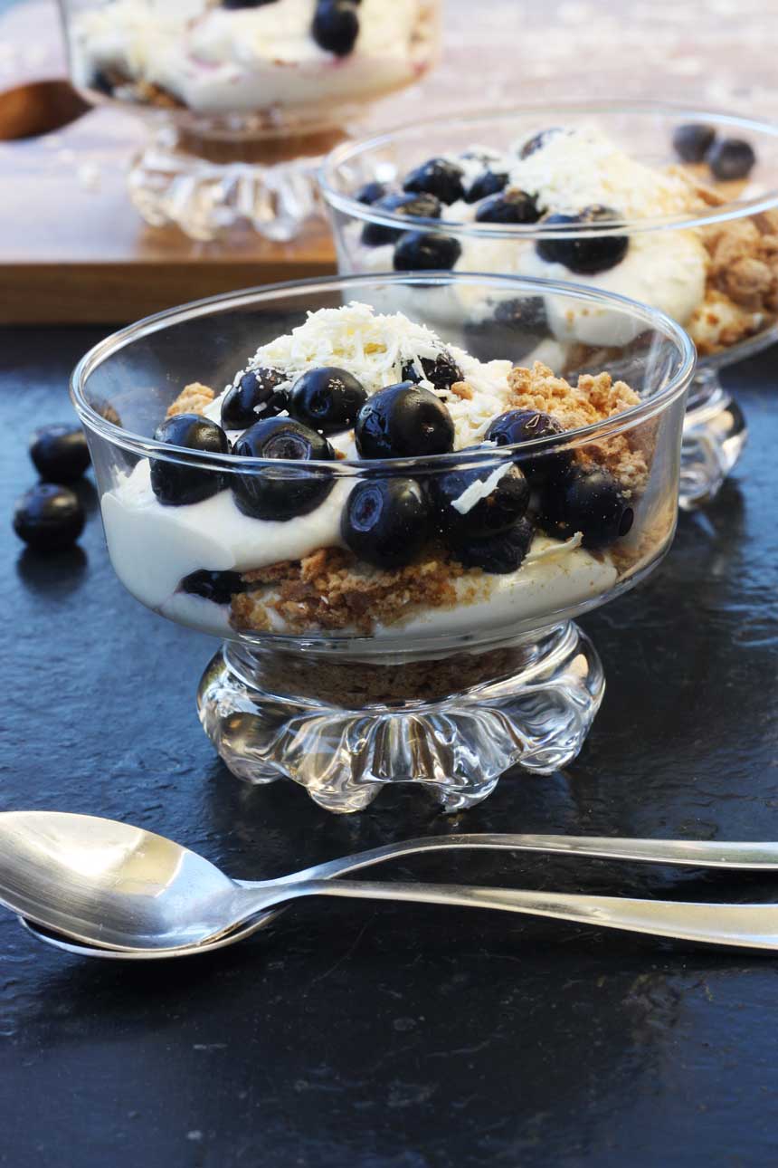 A lighter blueberry & white chocolate cheesecake in a glass by Scrummy Lane