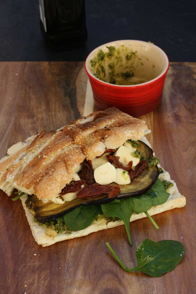 weekend brunch roasted eggplant, pesto & bocconcini panini Scrummy Lane