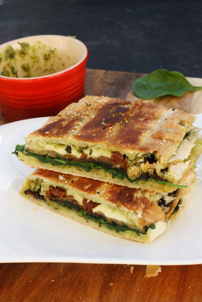 weekend brunch roasted eggplant, pesto & bocconcini panini Scrummy Lane