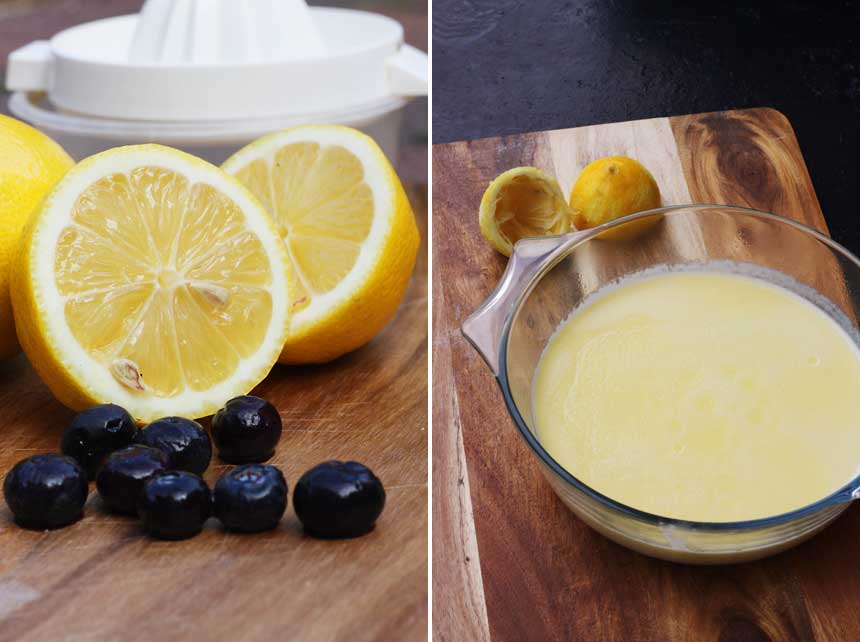 Making lemon posset with blueberries