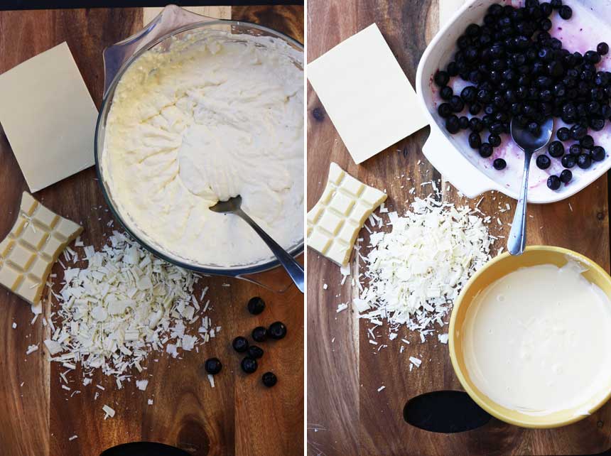 making blueberry & white chocolate cheesecakes