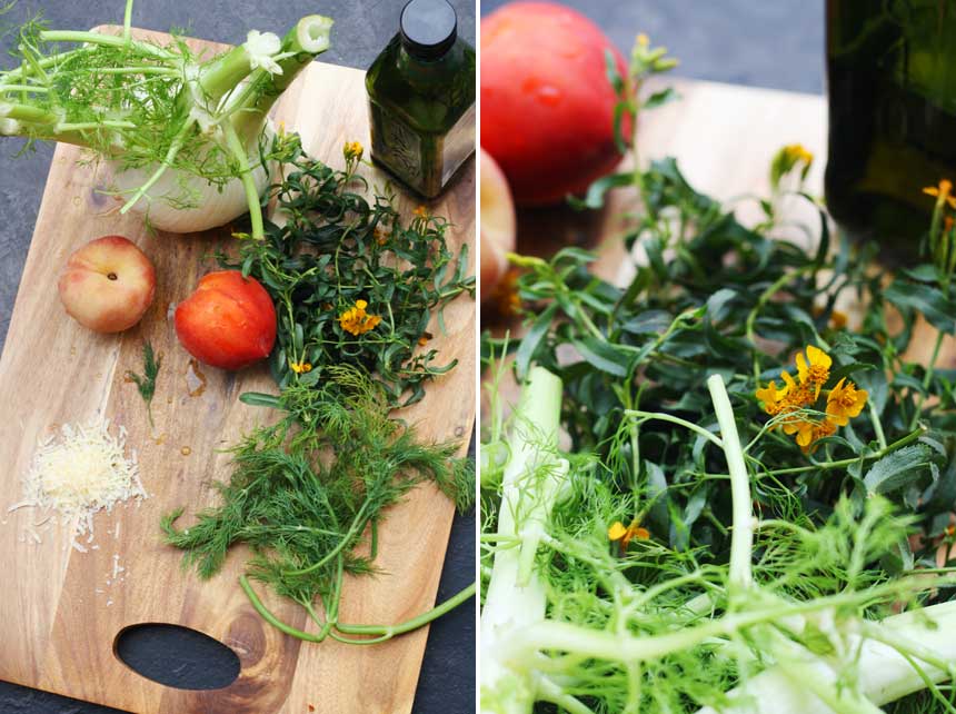 Ingredients for a fennel, peach & parmesan salad