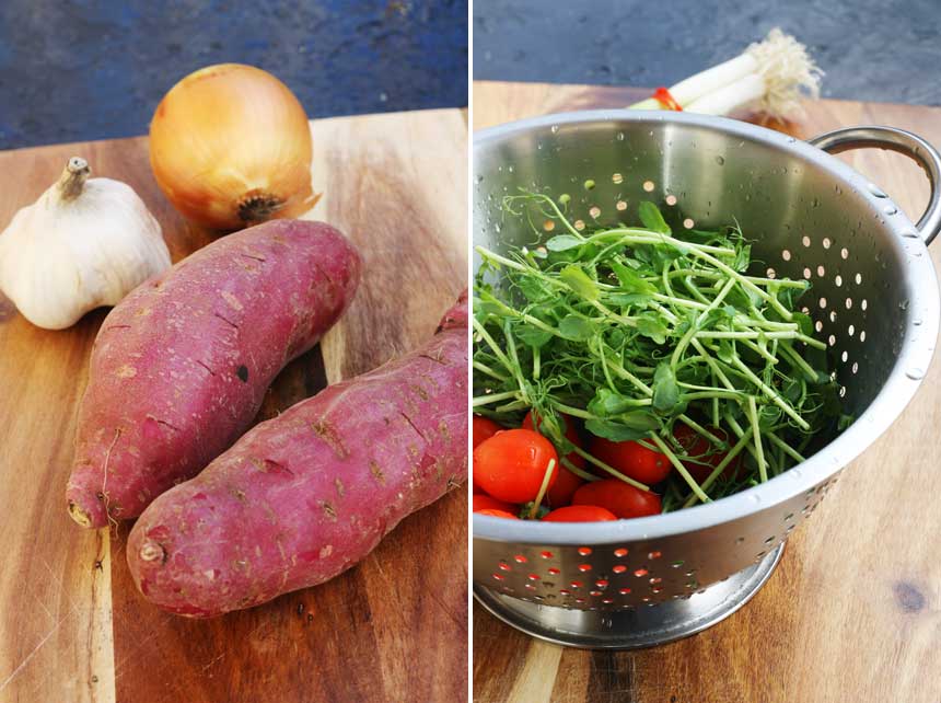 Collage of 2 images showing unpeeled sweet potatoes and snow peas and tomatoes in a colander on a wooden board.