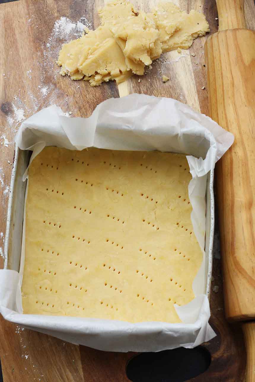 The unbaked pastry for lemon Bakewell slices in a pan from above