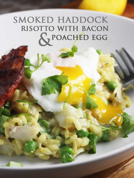 Smoked fish risotto with bacon & a poached egg by Scrummy Lane