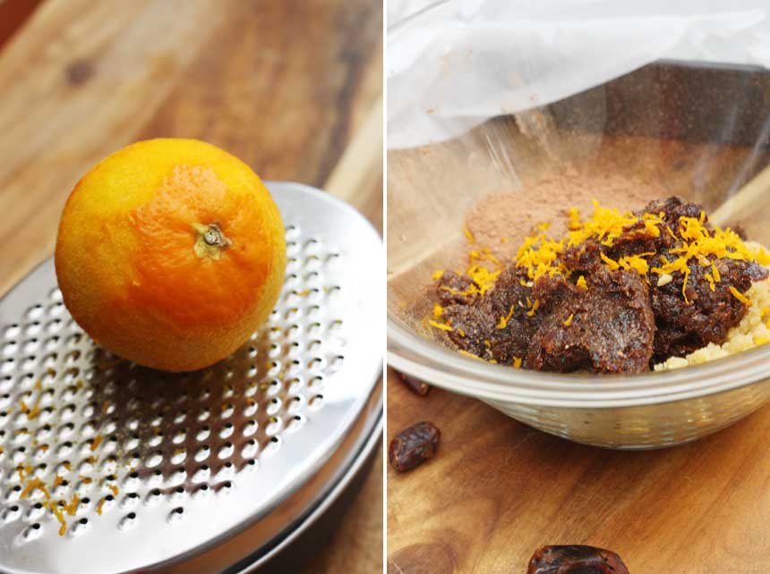 collage of 2 photos showing zesting an orange and squishing together the mixture in a bowl to make healthy chocolate orange date bars