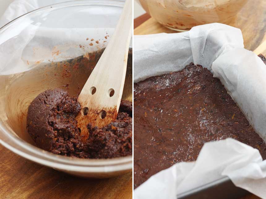 collage of 2 images showing squishing together the ingredients for healthy chocolate orange date bars and pressing it into a pan