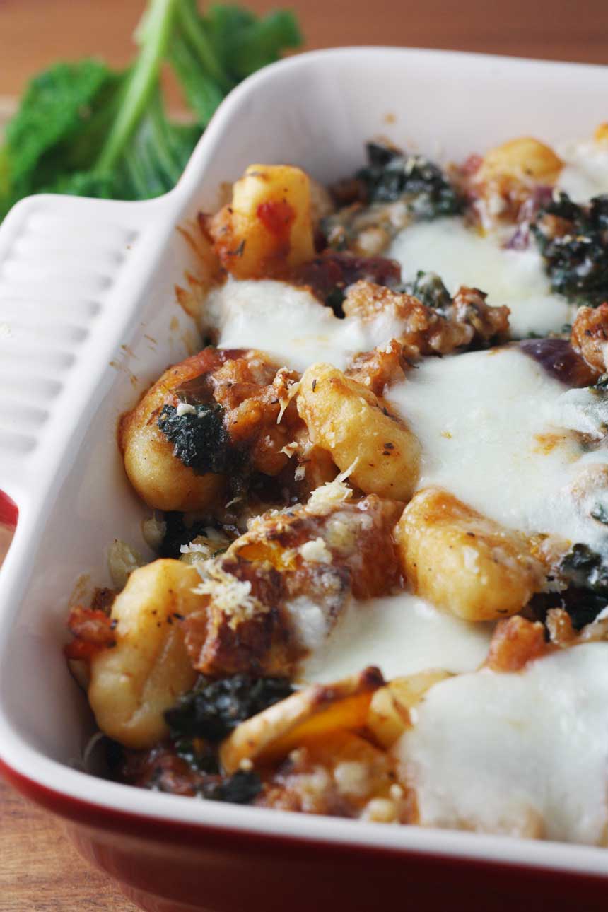 Sausage, butternut squash & kale gnocchi bake