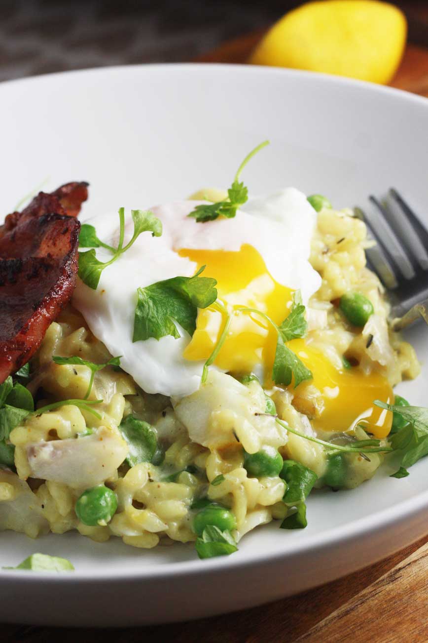 Smoked fish risotto with bacon & a poached egg