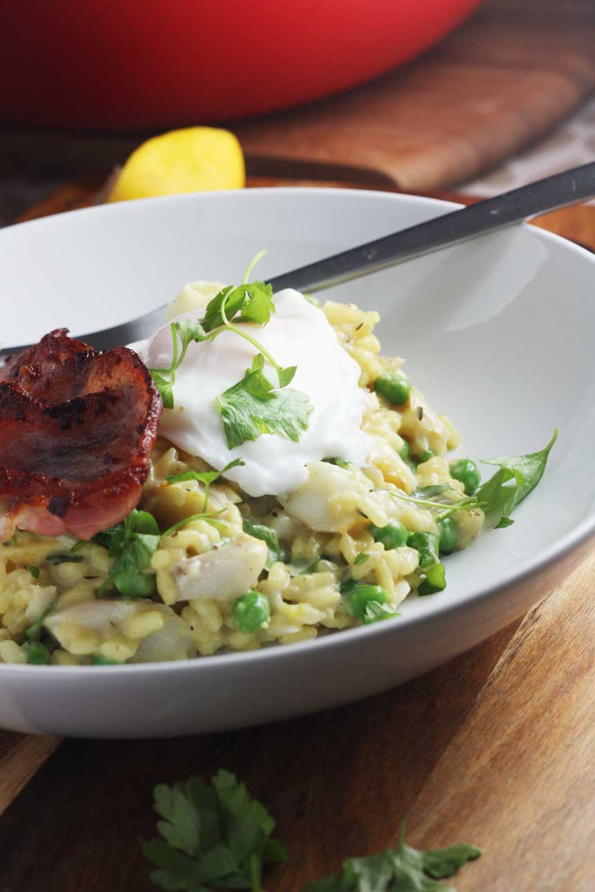 Smoked fish risotto with bacon & a poached egg by Scrummy Lane