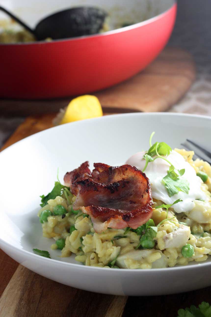 Smoked fish risotto with bacon & a poached egg by Scrummy Lane