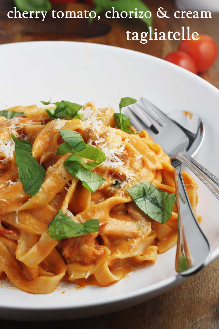 One pan tagliatelle with chorizo and creamy tomato sauce ...