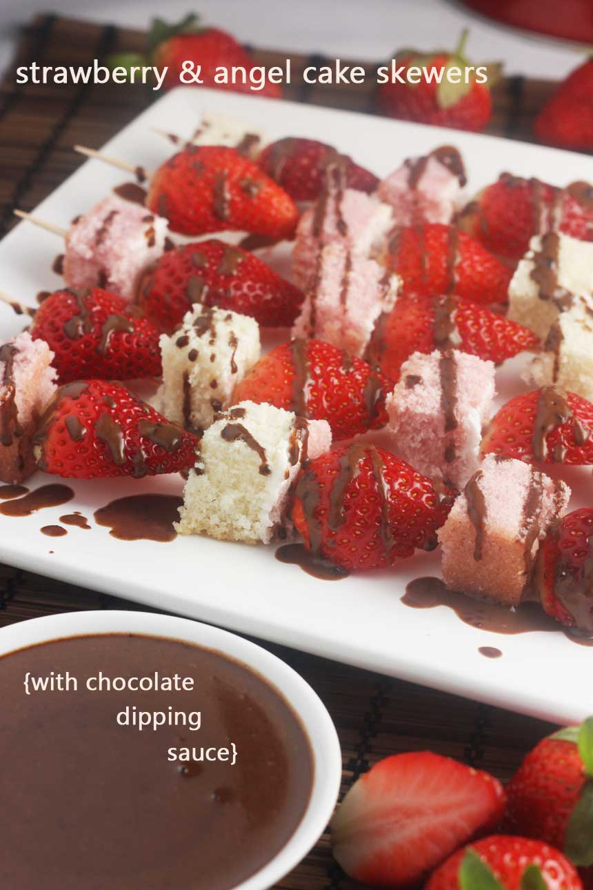 Strawberry & angel cake skewers with chocolate dipping sauce